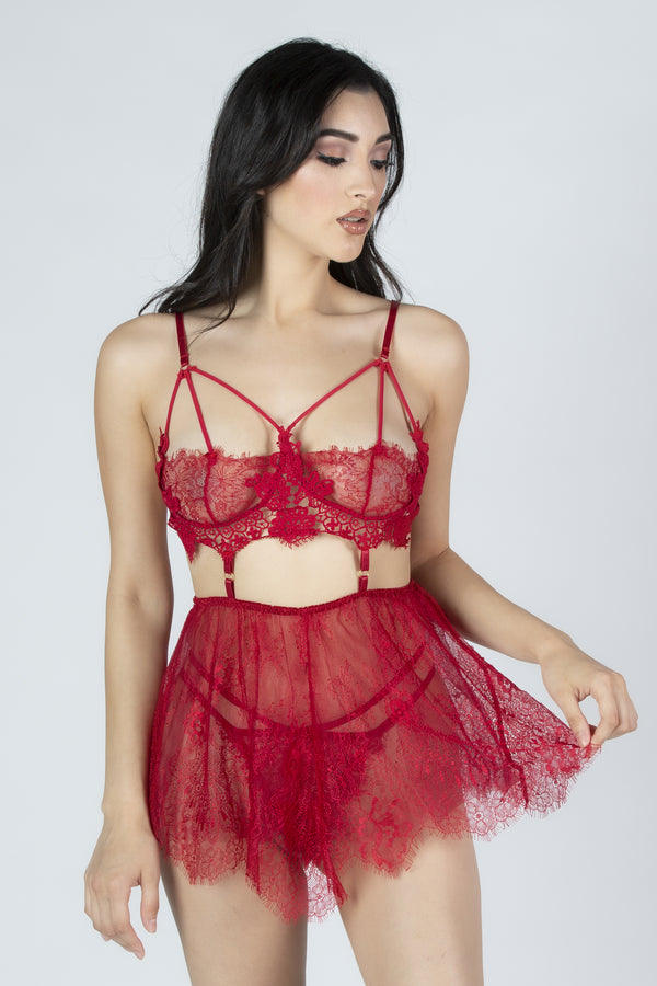 2 Piece Red Lace Bra and Panty Set with Transparent Skirt
